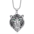 Ciondolo testa di tigre d'argento con occhi in gemma verde e strass bianchi - Pendente acciaio con occhi verdi