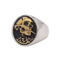 Anello punk vintage in acciaio argento con faccia ovale nera e teschio d'oro in rilievo - US 7 / Bicolore (Oro e Argento)