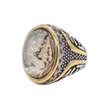 Bague rétro pour homme en acier titane avec nacre ovale et finition bicolore or-argent - Bicolore Coquille d'Abalone