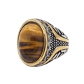 Retro men's titanium steel ring with large oval tiger eye stone in gold and silver finish - US 7 / Two-tone Tiger Eye