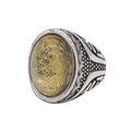 Close-up of vintage titanium steel ring with large oval golden rutilated quartz gemstone - US 7 / Silver Rutilated Quartz