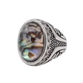 Macro detail of retro stainless steel ring with colorful abalone shell and engraved patterns - US 7 / Silver Abalone Shell