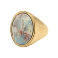 Anello sigillo retrò in acciaio dorato con pietra ovale intarsiata effetto marmo - US 7 / Oro-Texture Marmo Colorata (2)