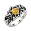 Vintage stainless steel ring with yellow crystal and intricate floral engraving - US 7 / Yellow Rhinestone