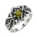 Vintage titanium steel ring featuring a round olive green gemstone with ornate carvings - US 7 / Olive Green Rhinestone