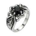 Vintage gothic titanium steel ring with round black faceted gemstone and floral patterns - US 7 / Black Rhinestone