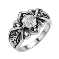 Anello vintage in acciaio al titanio argento con zircone rotondo e incisioni floreali - Strass Bianchi