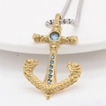 Vintage gold anchor cross necklace with blue zircon and silver stainless steel chain - Gold Color Pendant, No Chain