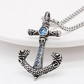 Vintage anchor cross pendant necklace with blue crystals on polished steel ball chain - Steel Color Pendant, No Chain