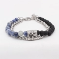 Retro cross pendant beaded bracelet with blue marble stones and silver metal chain - Blue Marble Grain Style (BR-1902-2)