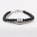 Double-layer beaded bracelet featuring black lava stone and silver cross pendant - Black Volcanic Stone Style (BR-1902-1)