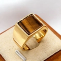 Men's vintage square tiger eye stone ring with gold plated stainless steel band - Gold Tiger's Eye