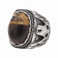 Bague vintage pour hommes en acier inoxydable avec oeil de tigre et gravures de plumes - US 7 / Œil de tigre