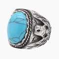 Bague vintage en acier inoxydable avec grand turquoise ovale et gravures d'aigle sur fond blanc - US 7 / Bleu
