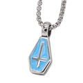Detailed side view of gothic coffin pendant with blue enamel and steel inverted cross - Blue Pendant (No Chain)