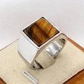 Men's square tiger eye gemstone ring with wide silver stainless steel band - US 7 / Steel Tiger Eye