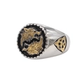 Vintage Viking wolf head ring in two-tone titanium steel with Celtic knot side patterns - US 7 / Gold & Silver