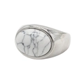 Top view of a wide silver titanium steel ring with an oval white marble stone inlay - Steel White Turquoise
