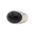 Detailed view of polished oval black gemstone set in a minimalist silver steel ring - Steel Black Stone
