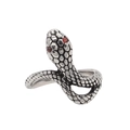 Close-up of vintage steel snake ring featuring red gemstone eyes and scale texture - US 7 / Antique Silver