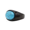 Macro detail of oval blue turquoise stone set in a black stainless steel men's ring - Black Blue Turquoise