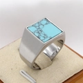 Men's titanium steel signet ring featuring a square turquoise stone inlay and brushed silver finish - Brushed Silver Turquoise
