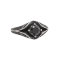 Macro view of vintage titanium steel ring with round black gemstone and dotted texture - US 7 / Black Zirconia