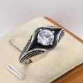 Macro shot of retro titanium steel ring with marquise design and centered zircon stone - US 7 / White Zirconia