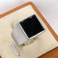 Men's square black onyx signet ring with a brushed titanium steel finish - Brushed Silver Black Agate