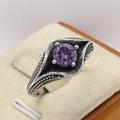 Retro stainless steel ring featuring a round purple gemstone with ornate vintage engraving - US 7 / Purple Zirconia