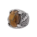 Macro shot of the dragon claw holding an oval tiger eye stone on a steel ring - US 7 / Steel Tiger Eye