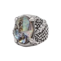 Bague griffe de dragon pour homme avec nacre d'abalone ovale et texture écailles rétro - Argent Coquille d'Abalone