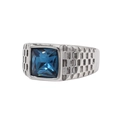 Anillo de hombre en acero de titanio con gema azul cuadrada y banda con textura - Talla 7 / Tono Acero Azul Lago