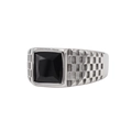 Anillo de hombre en acero plateado con gema negra cuadrada y banda con diseño de cuadros - Talla 7 / Acero Piedra Negra