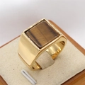 Men's gold-plated titanium steel signet ring featuring a square tiger eye gemstone - Black Tiger Eye