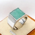 Men's titanium steel ring with square green gemstone and silver polished finish - Steel Green Stone