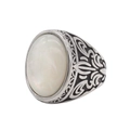 Vintage roestvrijstalen herenring met een grote ovale witte edelsteen inleg - US 7 / Staal Kleur Witte Steen