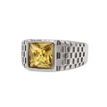 Anillo de hombre en acero plateado con gema cuadrada amarilla y textura de damero - Talla 7 / Acero Piedra Amarilla