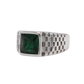 Anillo de acero de titanio para hombre con gema verde cuadrada y patrón de cuadros - Verde platino