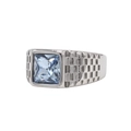 Anillo de hombre en acero plateado con gema cuadrada azul claro y textura de cuadros - Plata Con Piedra Azul Claro