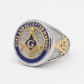 Anello massonico in acciaio inossidabile con simbolo G dorato e smalto blu retro - US 7 / Oro e Argento
