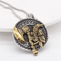 Viking eagle axe pendant necklace in vintage steel with runic engraving on round disc - Two-Tone Gold (Pendant Only - Without Chain)