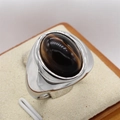 Bague large en acier titane argenté avec une pierre œil de tigre ovale incrustée - Oeil de tigre acier