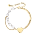 Bracelet minimaliste avec chaîne gourmette dorée, perles blanches et pendentif cœur - Doré