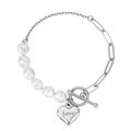 Elegante bracciale con perle e catena d'argento, ciondolo a cuore con incisione Love e chiusura OT - Color Acciaio