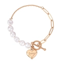 Elegante bracciale a catena dorata con perle bianche e pendente a cuore Love con chiusura OT - Oro rosa