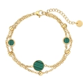 Pulsera de doble capa dorada con discos de malaquita azul pavo real y pequeñas bolas de oro - Dorado