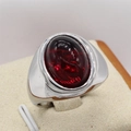 Bague rétro en acier inoxydable avec une grande pierre rouge ovale sertie en argent - Acier Pierre Rouge