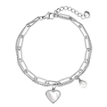 Bracciale a doppio strato in acciaio al titanio argento con perla e ciondolo a cuore - Color Acciaio