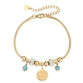 Elegante pulsera de titanio dorado con ojo turco, acentos de diamante y colgantes turquesa - Dorado